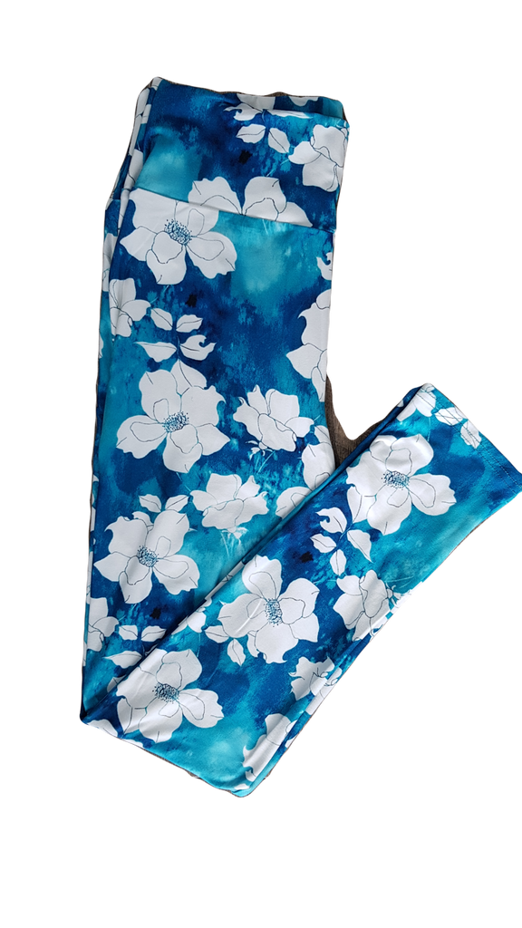 Love Nelli Buttery Soft Leggings Blue Watercolour With White Flowers