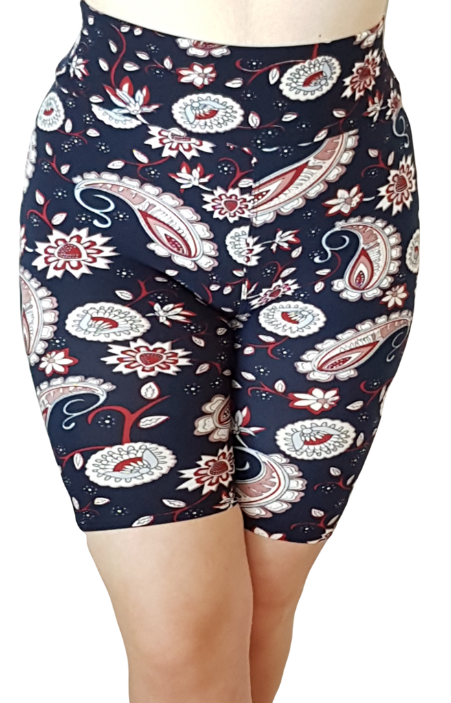 Love Nelli Buttery Soft Bike Shorts Navy With Paisley