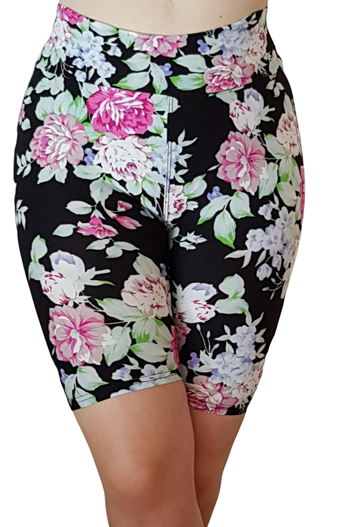 Love Nelli Buttery Soft Bike Shorts Black With Roses