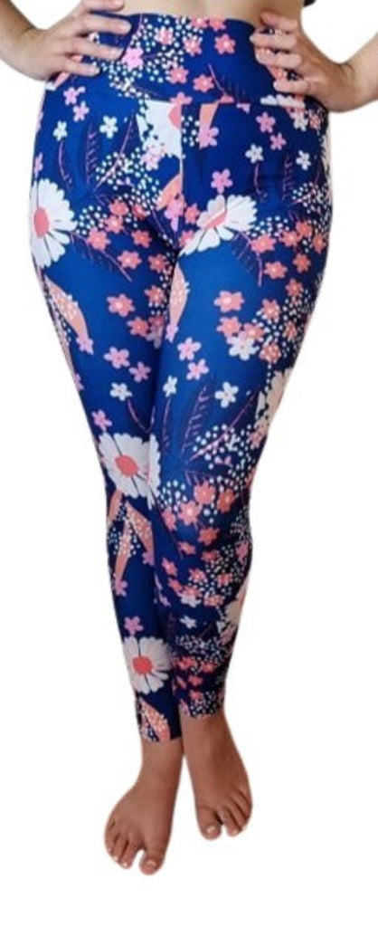 Love Nelli Buttery Soft Leggings With Navy background & White Daisy